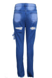 Babyblauwe mode sexy doorboorde gescheurde hoge taille regular denim jeans