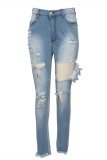 Mörkblå Mode Sexig Pierced Ripped High Waist Regular Denim Jeans
