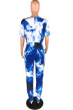 Blue Fashion Casual Print Tie-dye O Neck Plus Size Jumpsuits