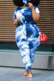 Macacão azul moda casual estampa tie-dye com decote em tamanho grande