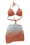 Pink Sexy Gradual Change Backless Asymmetrical Three-Piece Sets Swimwears
