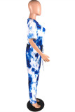 Combinaisons mode casual imprimé tie-dye col rond grande taille bleu