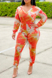 Tangerine Red Sexy Print Patchwork V Neck Harlan Jumpsuits