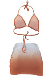 Orange Sexy Gradual Change Backless Asymmetrical Three-Piece Sets Swimwears
