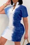 Синее модное повседневное платье с принтом, базовое платье с воротником-молнией и коротким рукавом, платья