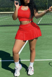 Красный Повседневная спортивная одежда Однотонный Базовый с U-образным вырезом Без рукавов Из двух частей