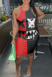 Red Sexy Casual Print Patchwork O Neck Vest Dress Dresses