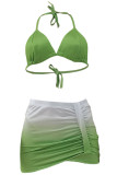 Fluorescent Green Sexy Gradual Change Backless Asymmetrical Three-Piece Sets Swimwears
