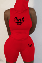 Red Casual Print Letter Turtleneck Sleeveless Two Pieces