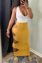 Yellow Sexy Casual Patchwork Hollowed Out V Neck Vest Dress