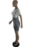 Grey Sexy Print Leopard O Neck Short Sleeve Two Pieces
