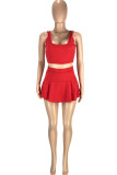 Red Casual Sportswear Solid Basic U Neck Sleeveless Two Pieces