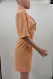 オレンジファッションカジュアルソリッドベーシックジッパーカラー半袖ドレス
