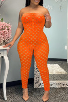 Oranje mode Sexy effen gescheurde uitgeholde strapless normale jumpsuits