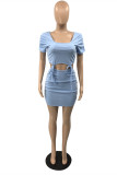 Sky Blue Fashion Sexy Solid Fold O Neck Short Sleeve Two Pieces