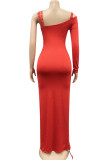 Red Sexy Solid Hollowed Out Patchwork Fold Oblique Collar Asymmetrical Dresses