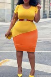 Orange Gul Mode Casual Plus Size Patchwork utan bälte O-ringad kortärmad klänning