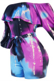 Bleu Violet Sexy Casual Print Backless Off The Shoulder Regular Barboteuse