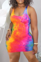 Multicolor Rainbow Sexy Casual Print Tie-dye U Neck Vest Tank Bodycon Mini Dress