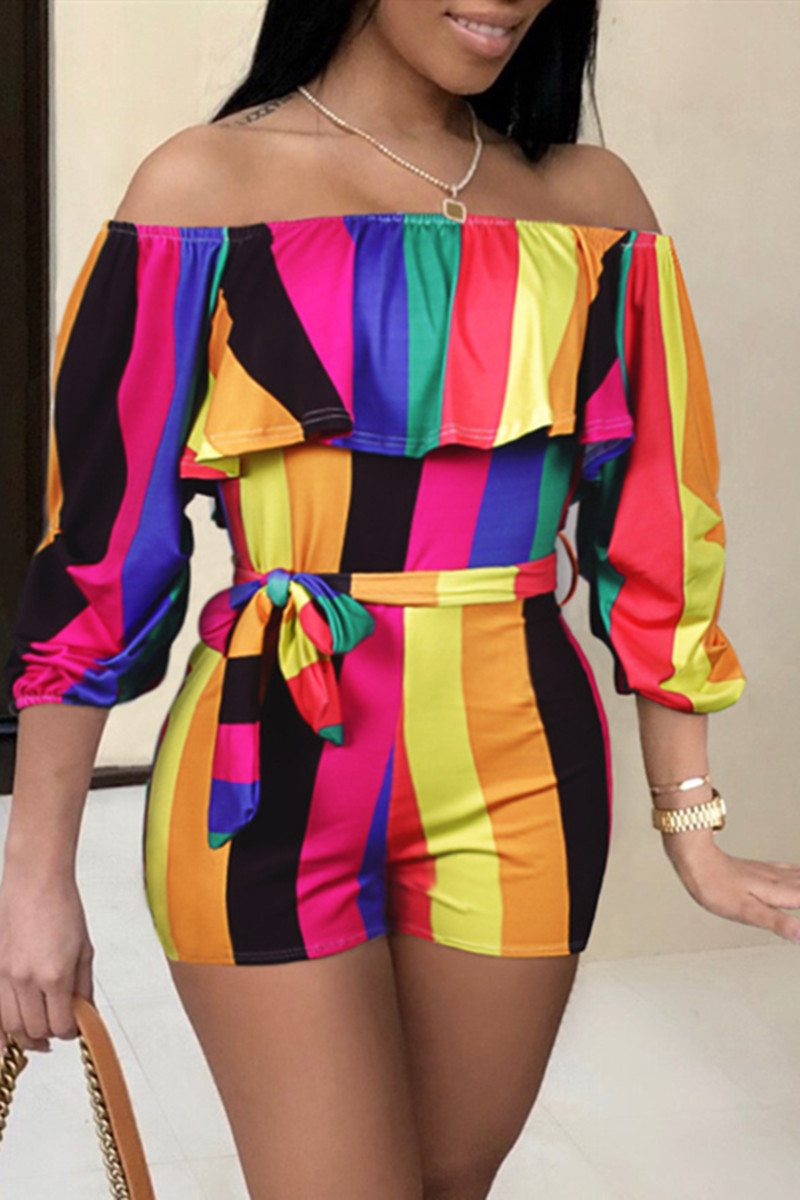 

Rainbow Color Sexy Casual Print Backless Off the Shoulder Regular Romper