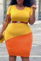 オレンジイエローファッションカジュアルプラスサイズパッチワークベルトなしOネック半袖ドレス