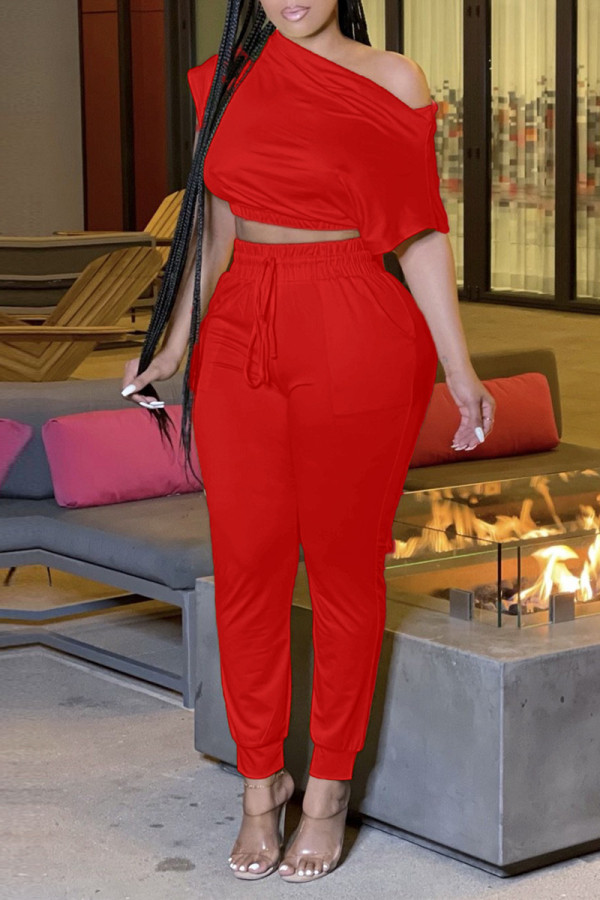 Red Fashion Casual Solid Basic Schuine Kraag Korte Mouw Twee Stukken