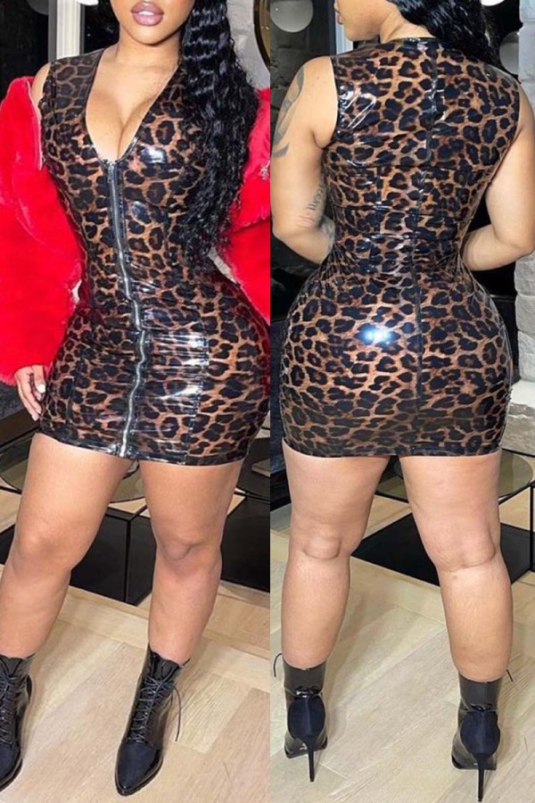 Brown Fashion Sexy Leopard Reißverschluss V-Ausschnitt ärmelloses Kleid