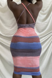 Multi-color sexy print backless spaghetti band mouwloze jurk