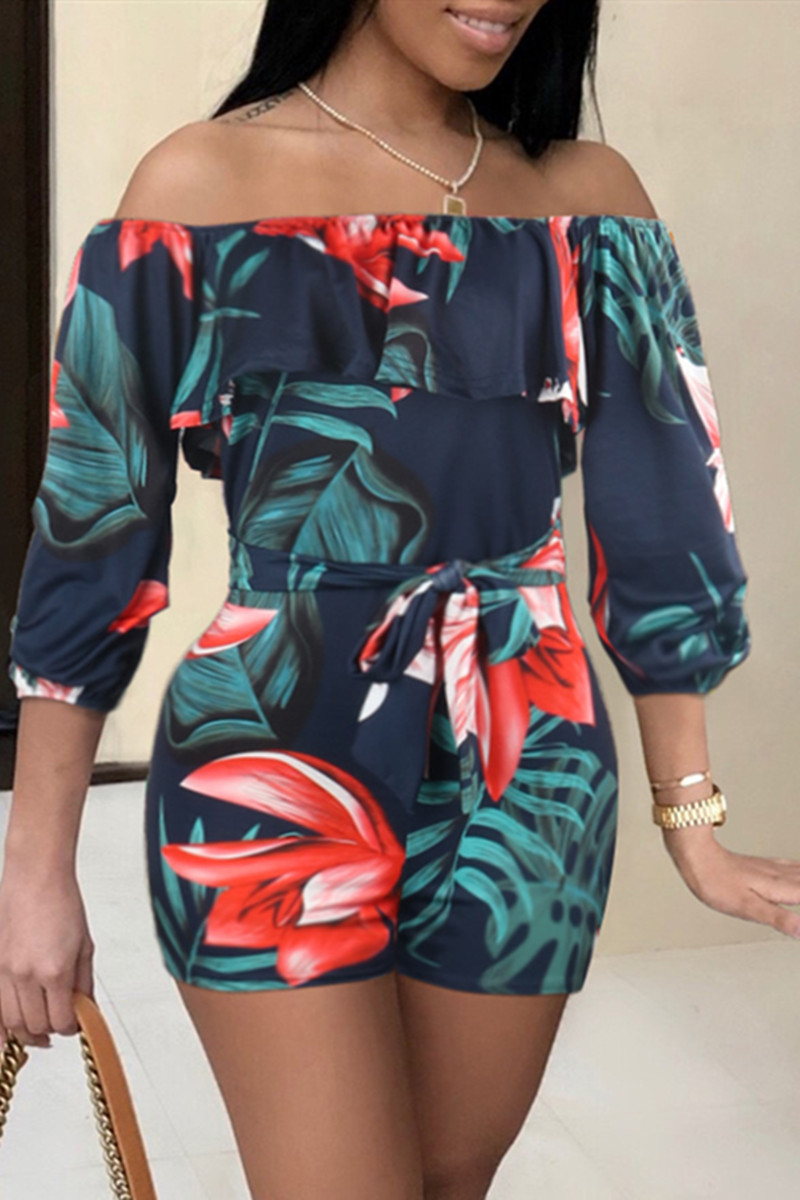 

Navy Blue Sexy Casual Print Backless Off the Shoulder Regular Romper