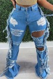 Jeans in denim normale a vita alta strappati con nappa tinta unita casual alla moda blu bambino