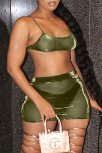 Green Fashion Sexy Solid See-through Backless Strap Design Spaghetti Strap Sleeveless Two Pieces