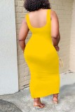 黄色のセクシーなカジュアルレター印刷スリットUネックベストドレス
