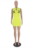 Gelb Mode Sexy Print Basic V-Ausschnitt Ärmelloses Kleid