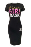 Schwarzes, modisches, lässiges Plus-Size-Letter-Print-Kleid mit zerrissenem O-Ausschnitt und kurzen Ärmeln