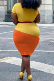 Vestido de manga corta con cuello en O y retazos de talla grande informal de moda amarillo naranja