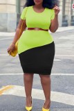 ブラックグリーンファッションカジュアルプラスサイズパッチワークベルトなしOネック半袖ドレス