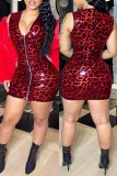 Rote Mode Sexy Leopard Reißverschluss V-Ausschnitt Ärmelloses Kleid