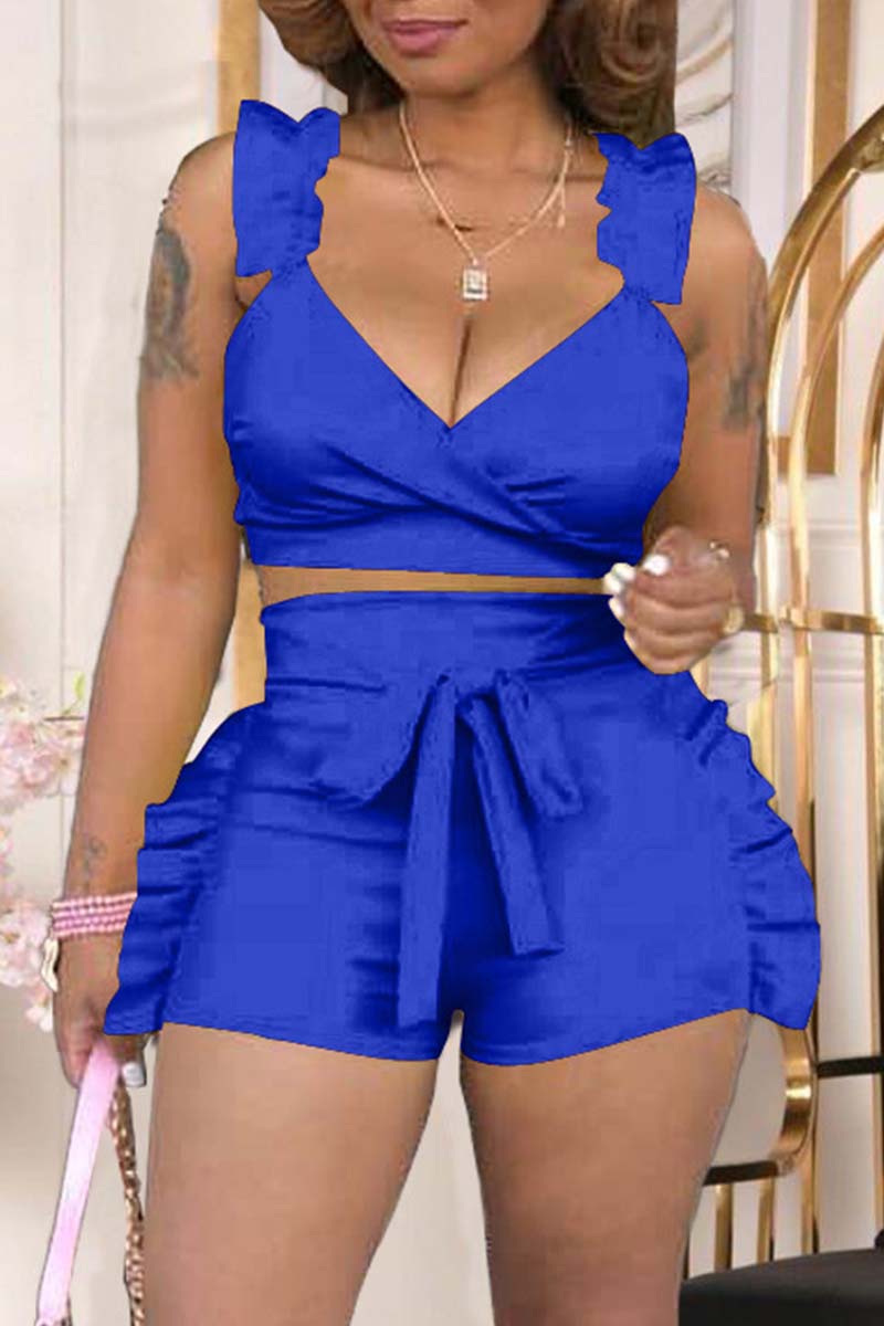 

Blue Sexy Casual Solid Basic V Neck Sleeveless Two Pieces