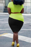 グリーンイエローファッションカジュアルプラスサイズパッチワークベルトなしOネック半袖ドレス