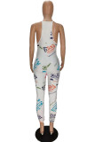 Blue Casual Letter Print Pocket Spaghetti Strap Loose Jumpsuits
