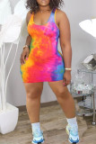 Многоцветное сексуальное повседневное платье-жилет с принтом тай-дай и U-образным вырезом