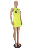 Gelb Mode Sexy Print Basic V-Ausschnitt Ärmelloses Kleid