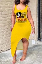 Yellow Sexy Casual Letter Printing Slit U Neck Vest Dress