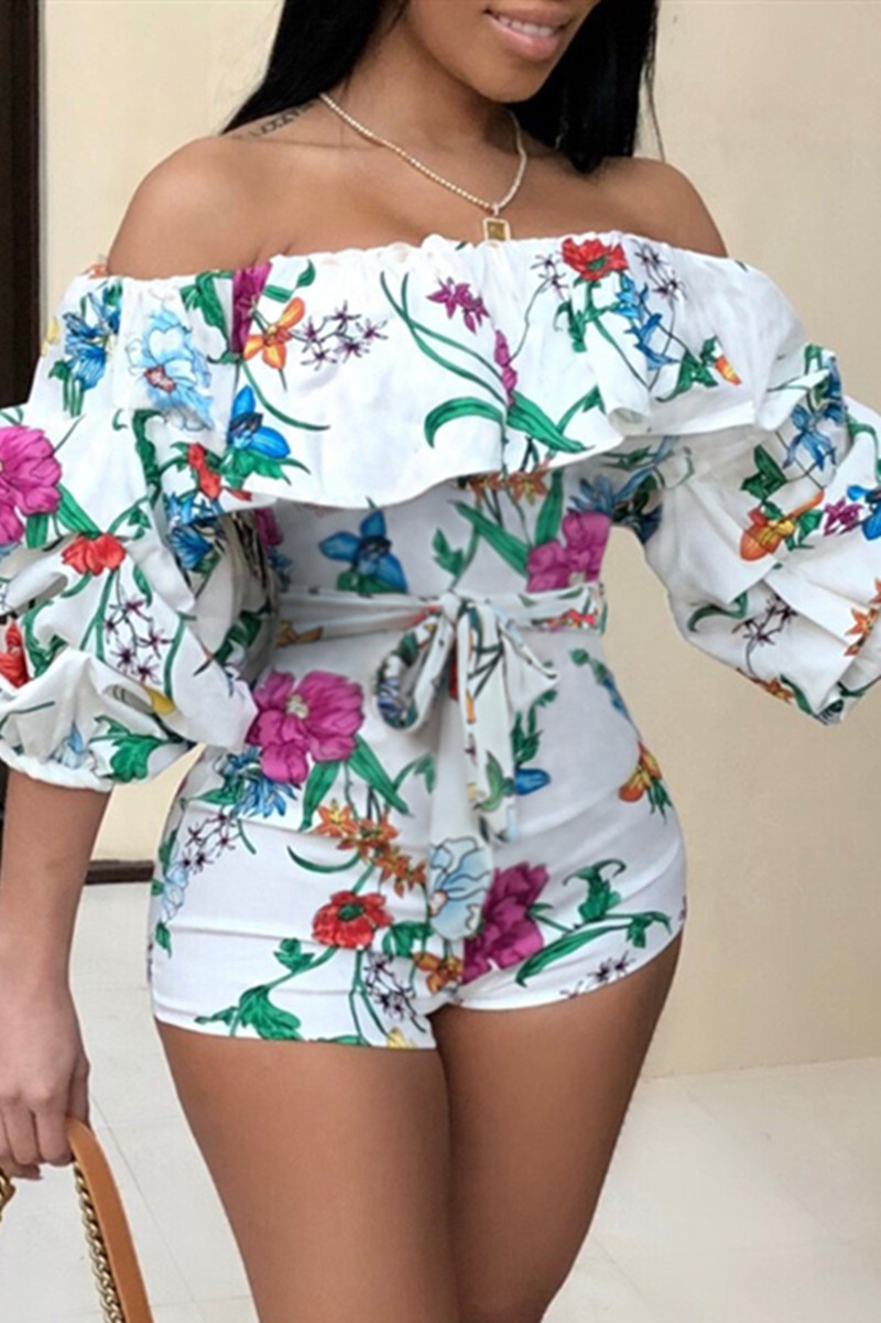 

White Sexy Casual Print Backless Off the Shoulder Regular Romper