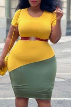Зеленое желтое модное повседневное платье больших размеров в стиле пэчворк без пояса с круглым вырезом и коротким рукавом