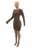 Brown Fashion Sexy Solid Ripped Hollowed Out O Neck Long Sleeve Dresses