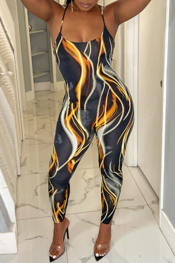 Gult mode sexigt tryck med rygglös spaghettirem Skinny Jumpsuits
