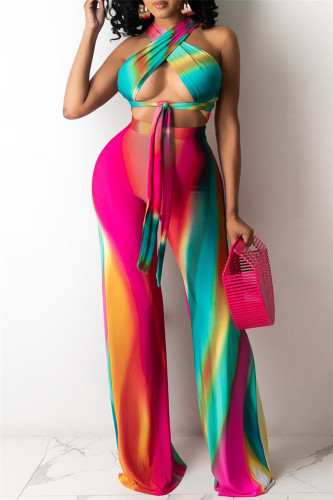 Rose Red Fashion Sexy Print Backless Strap Design Strapless Sleeveless Two Pieces