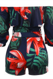 Blauwpaarse Sexy Casual Print Backless Off-shoulder Regular Romper