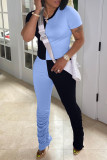 Powder Blue Fashion Casual Patchwork Fold O Neck Short Sleeve Two Pieces